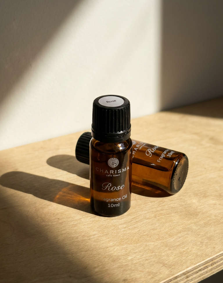 Charisma Candles rose fragrance oil bottle with elegant packaging, showcasing the floral scent and rich amber color.