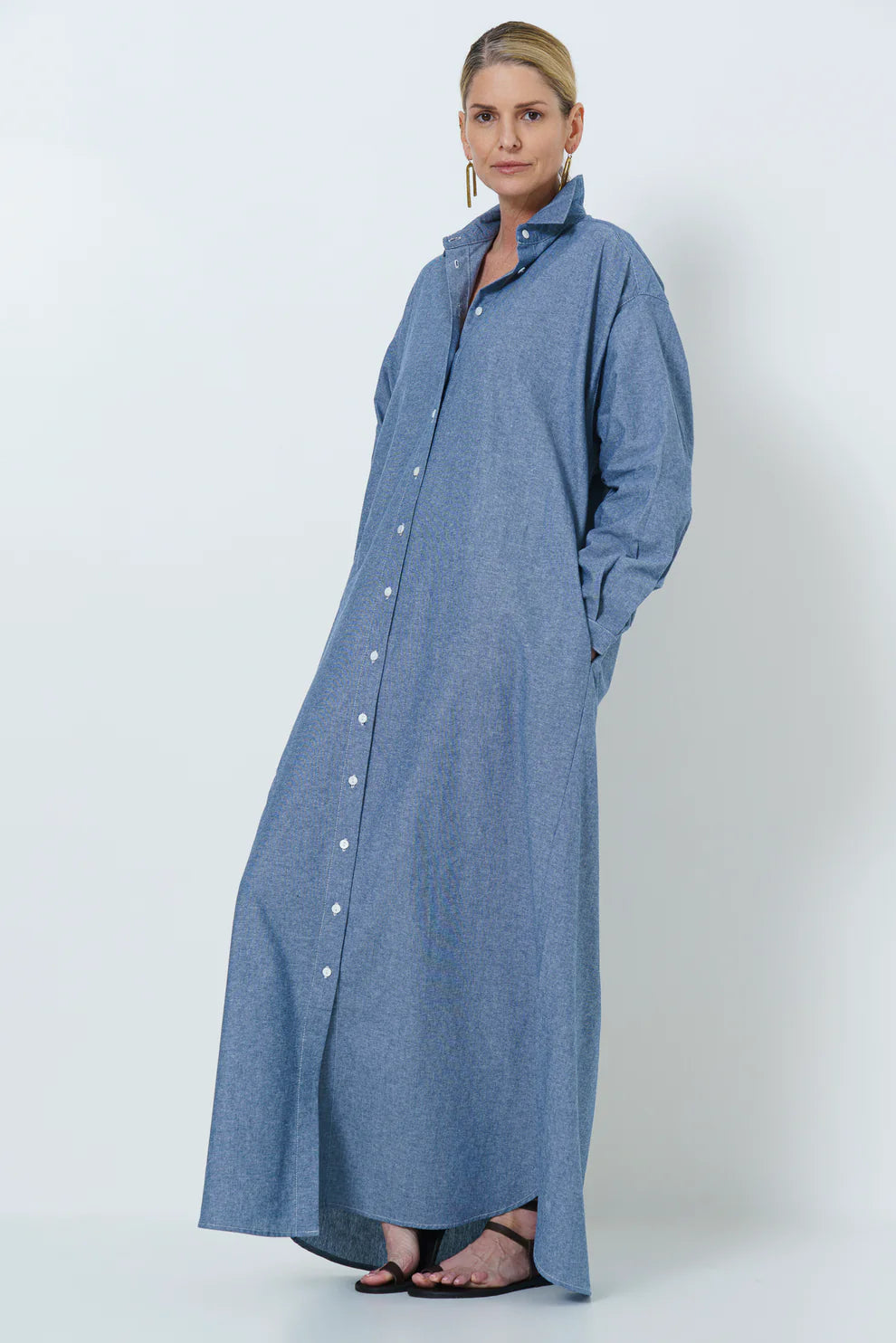 Juliette Long Shirt Dress | Chambray - Shop Adele Catherine 