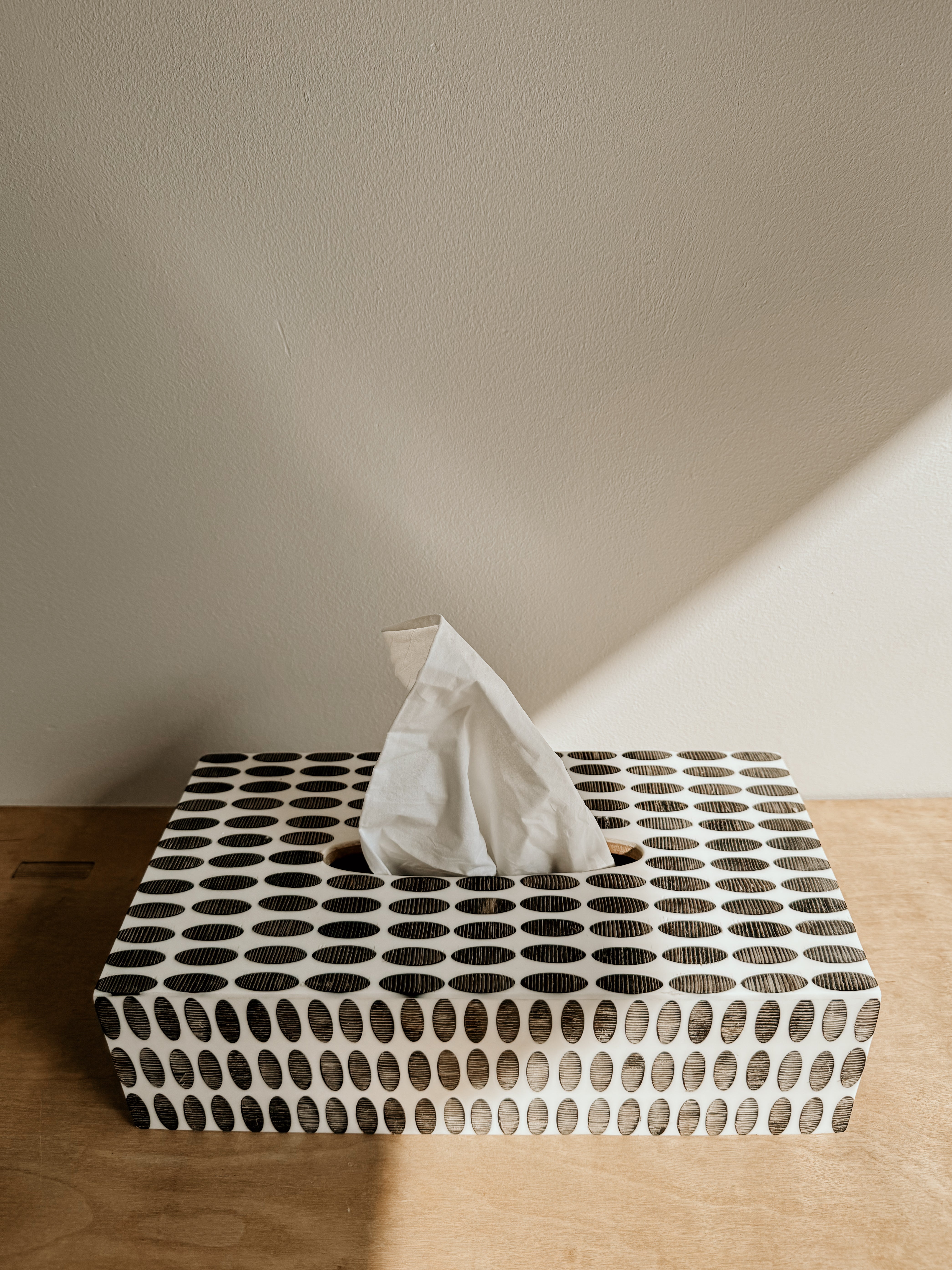 Resin & Horn Tissue Box With Oval Pattern | Ivory & Black
