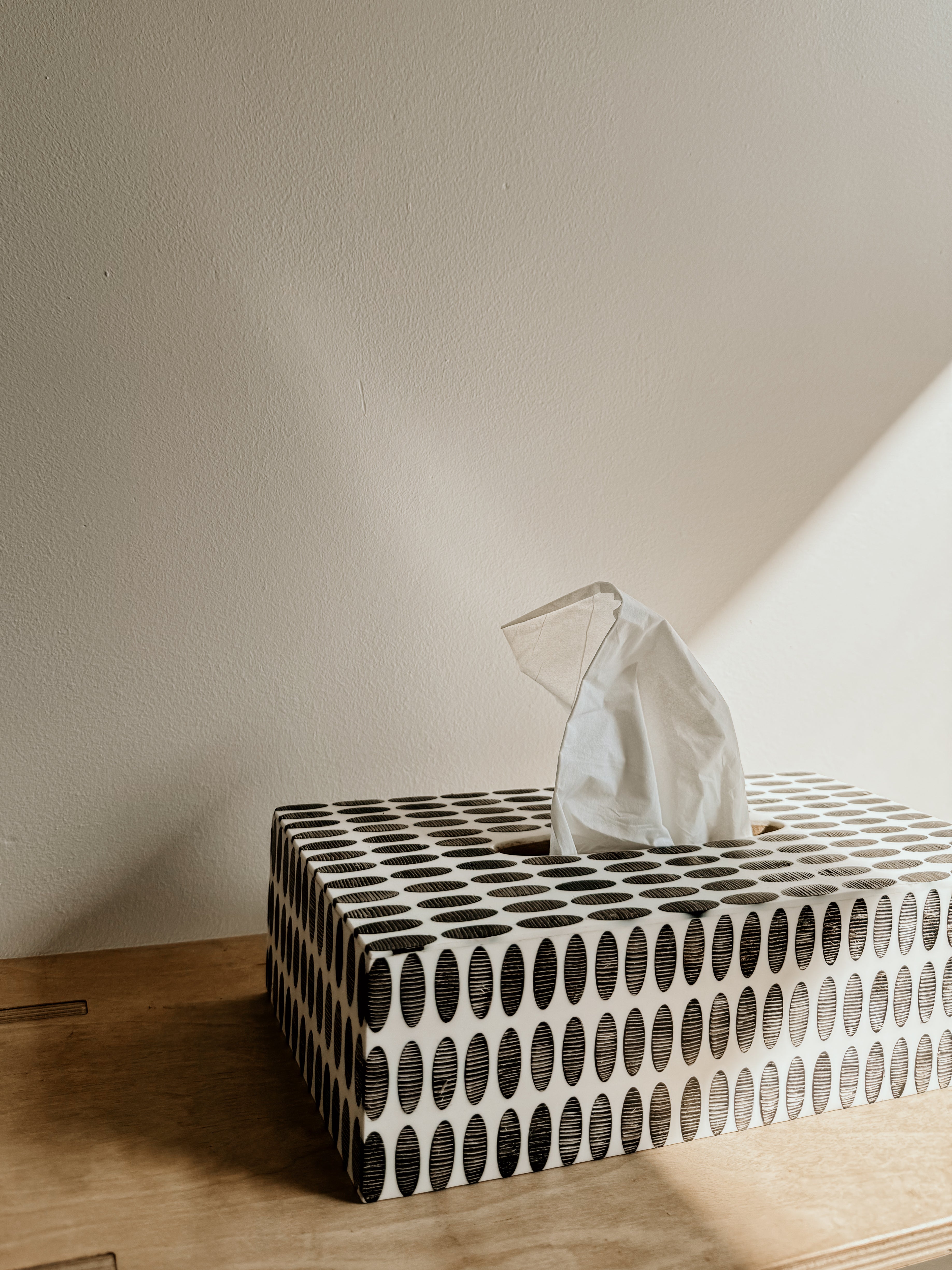 Resin & Horn Tissue Box With Oval Pattern | Ivory & Black
