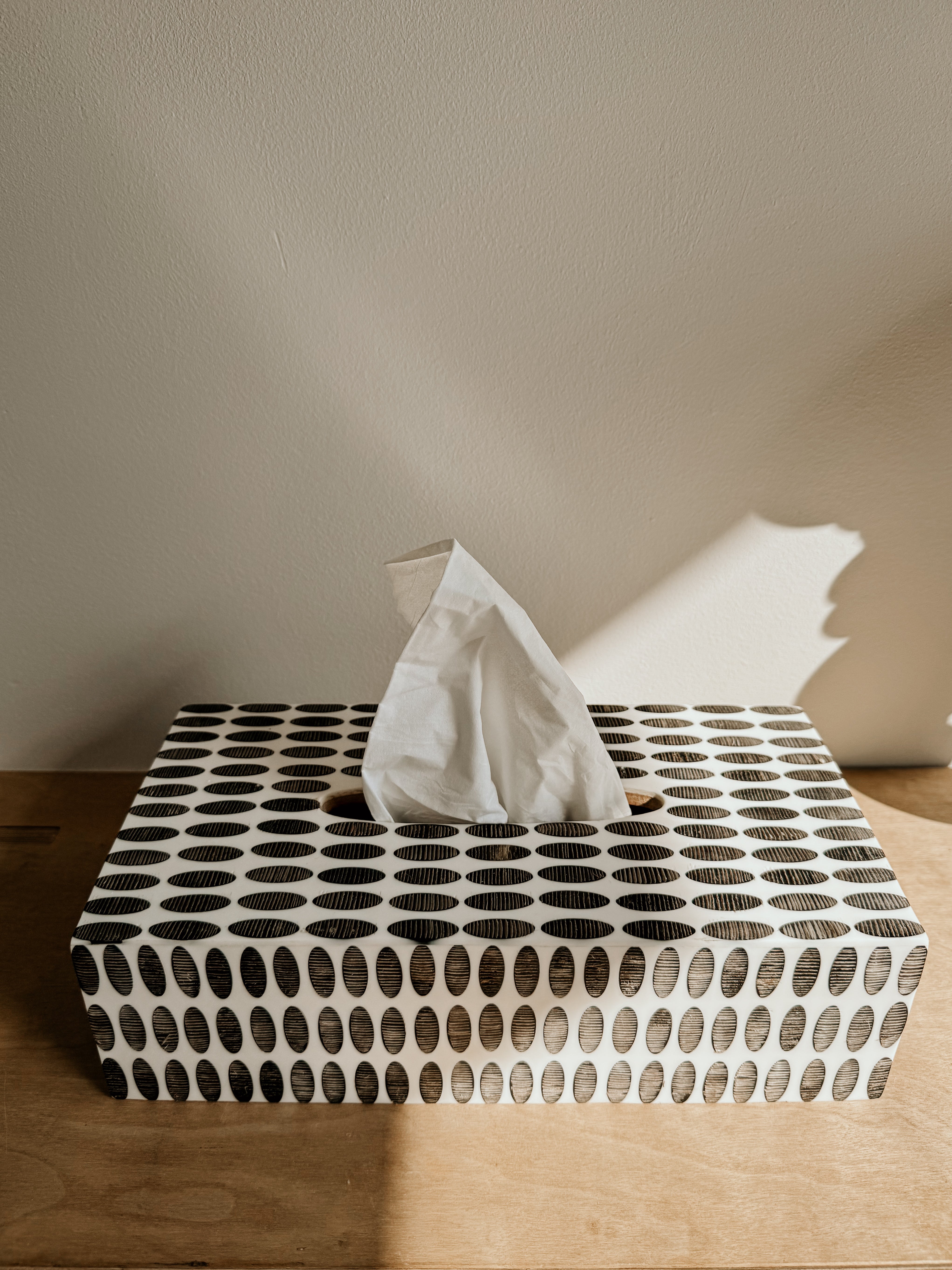Resin & Horn Tissue Box With Oval Pattern | Ivory & Black
