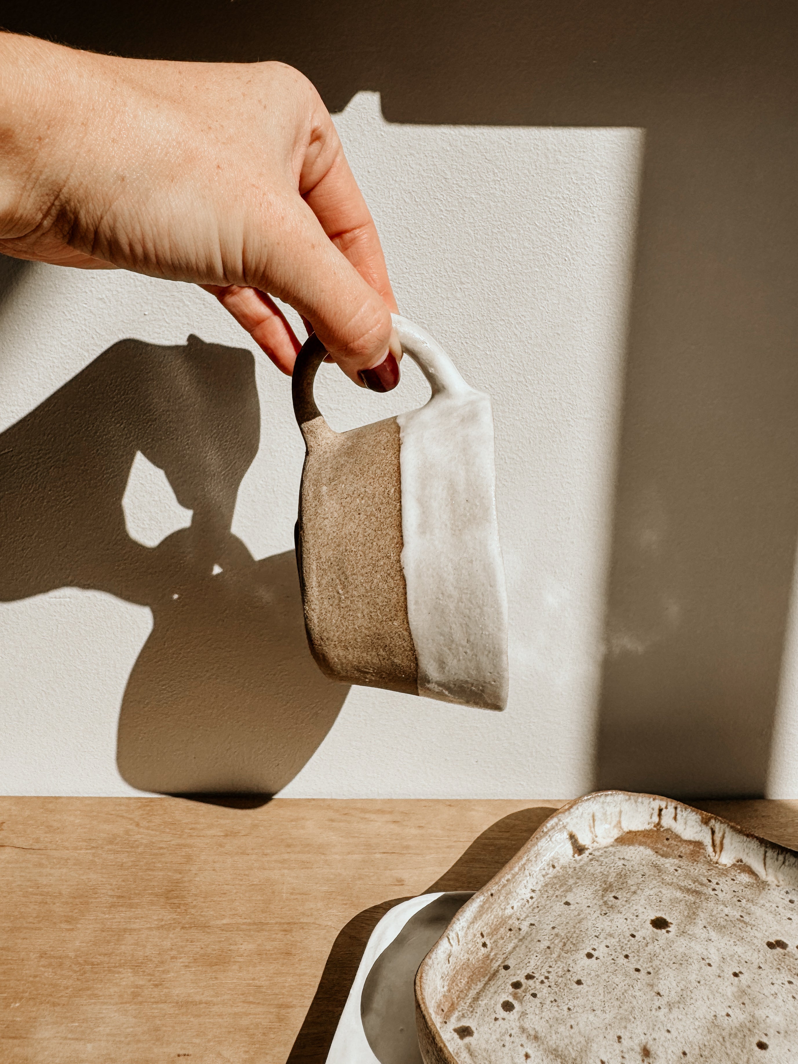 Skinny Handle Mug-Half Dip | White & Sand - Shop Adele Catherine 