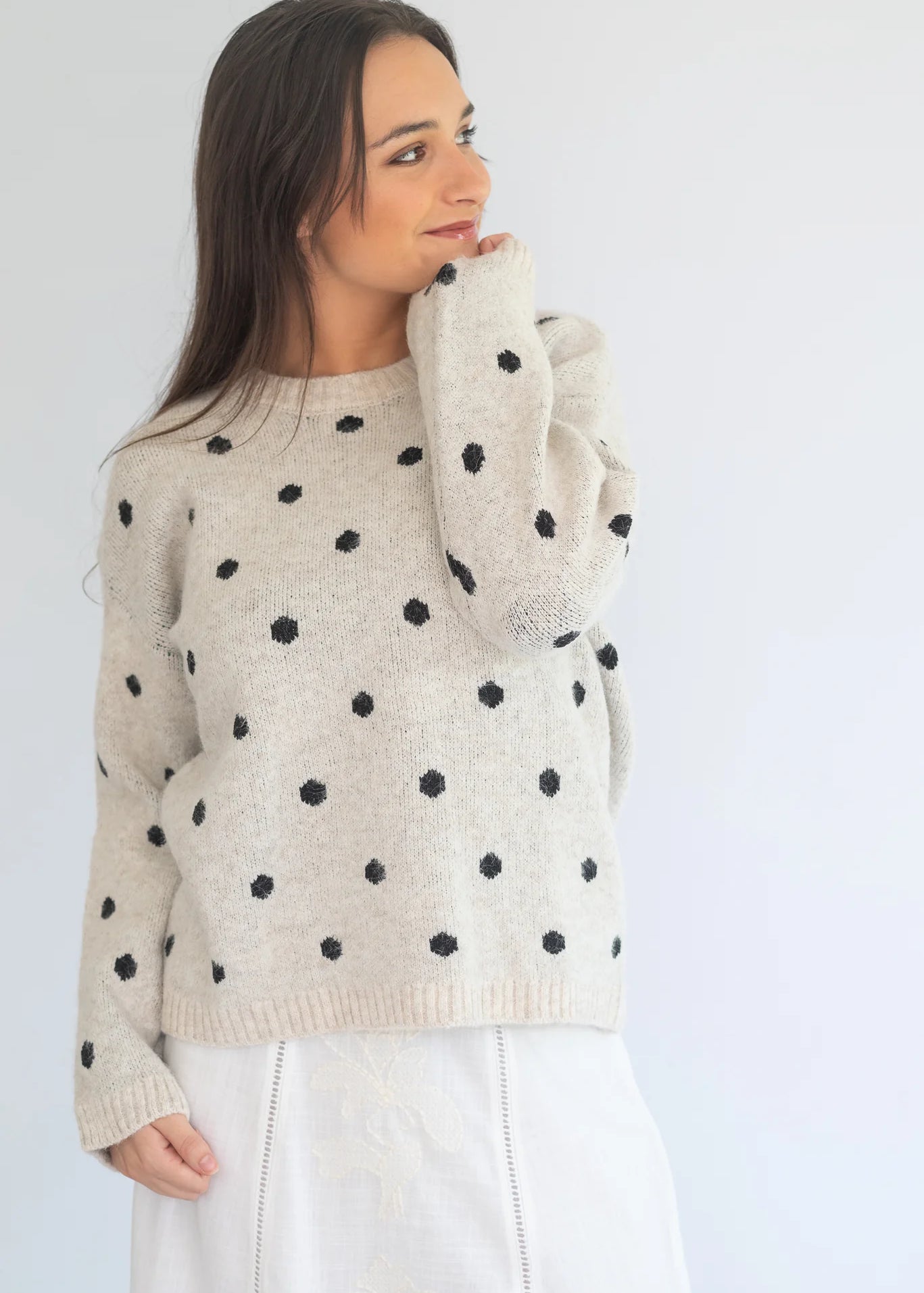 Grey polka knit jersey by Coco & Salt featuring a cozy, lightweight fabric with a comfortable fit.