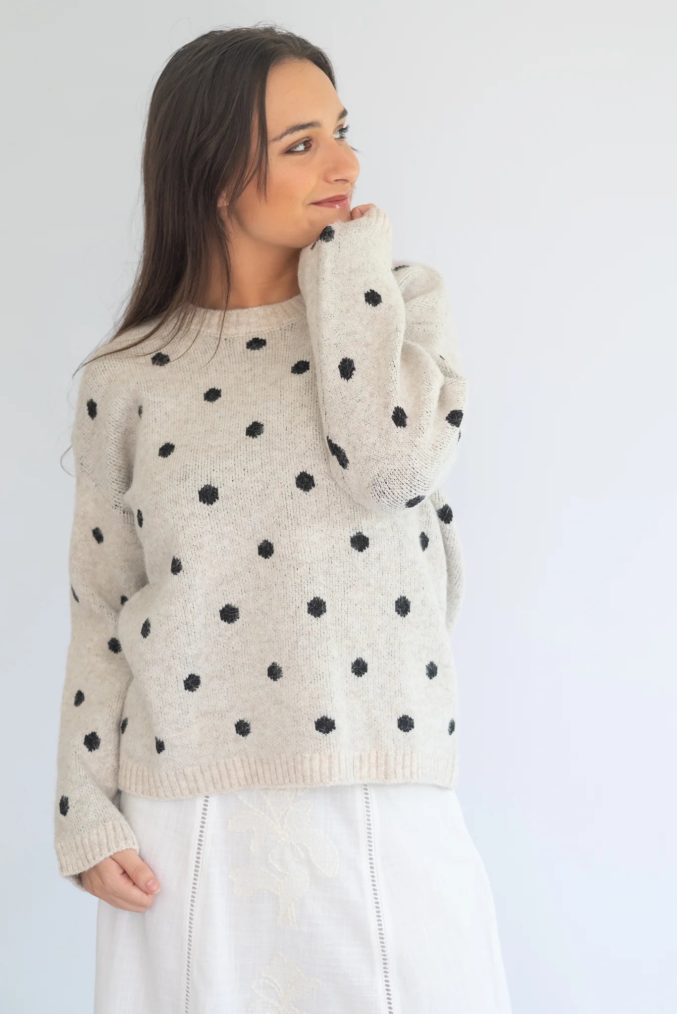 Grey polka knit jersey by Coco & Salt featuring a cozy, lightweight fabric with a comfortable fit.