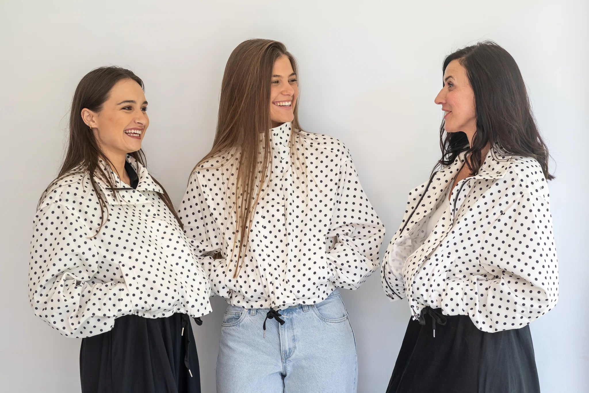 Coco & Salt Ella Jacket in Polka pattern, displayed on a hanger with a close-up view of the fabric and design details.