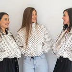 Coco & Salt Ella Jacket in Polka pattern, displayed on a hanger with a close-up view of the fabric and design details.