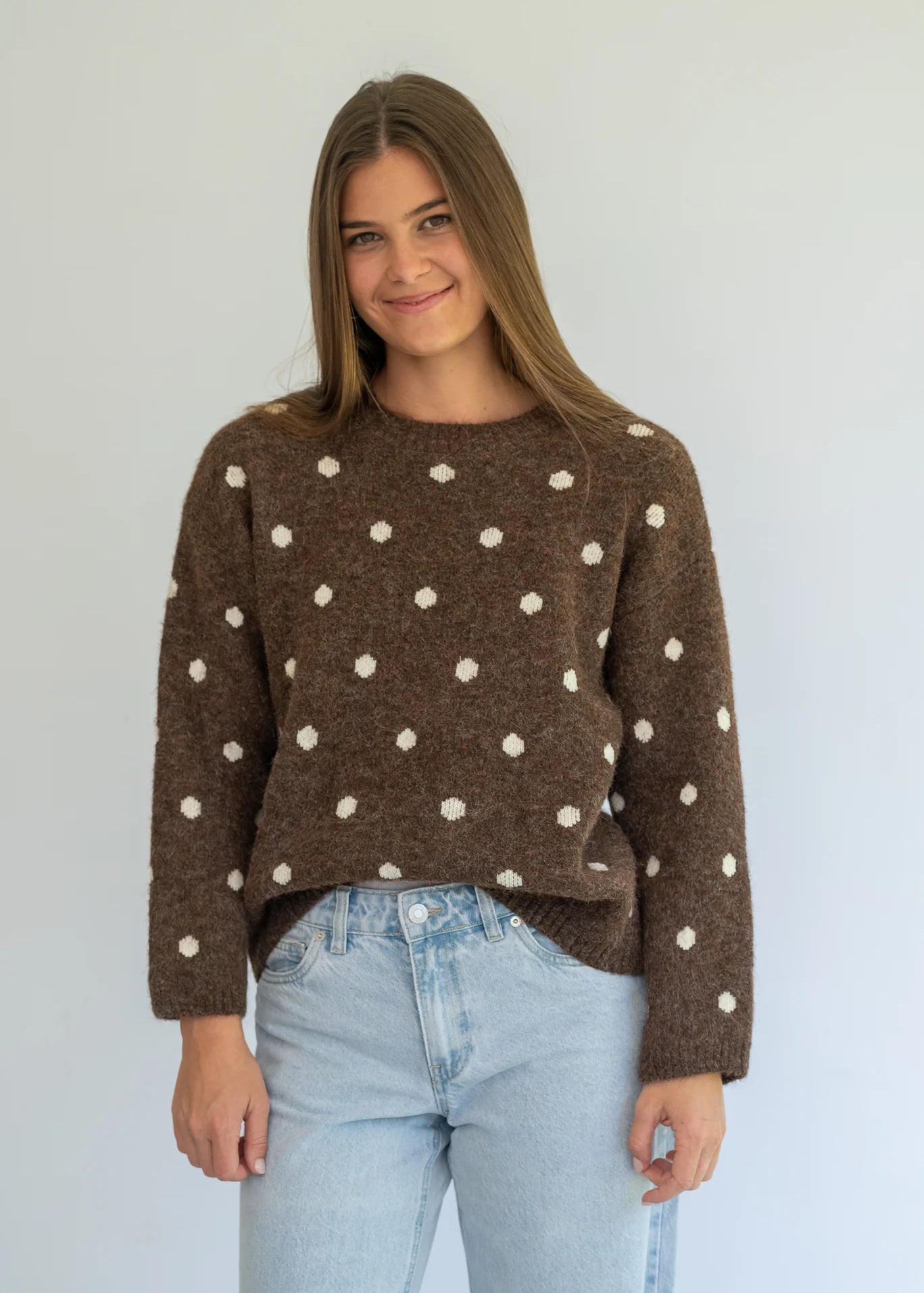 Polka Knit Jersey in Choc by Coco & Salt, showing the cozy knit fabric and stylish polka dot pattern.
