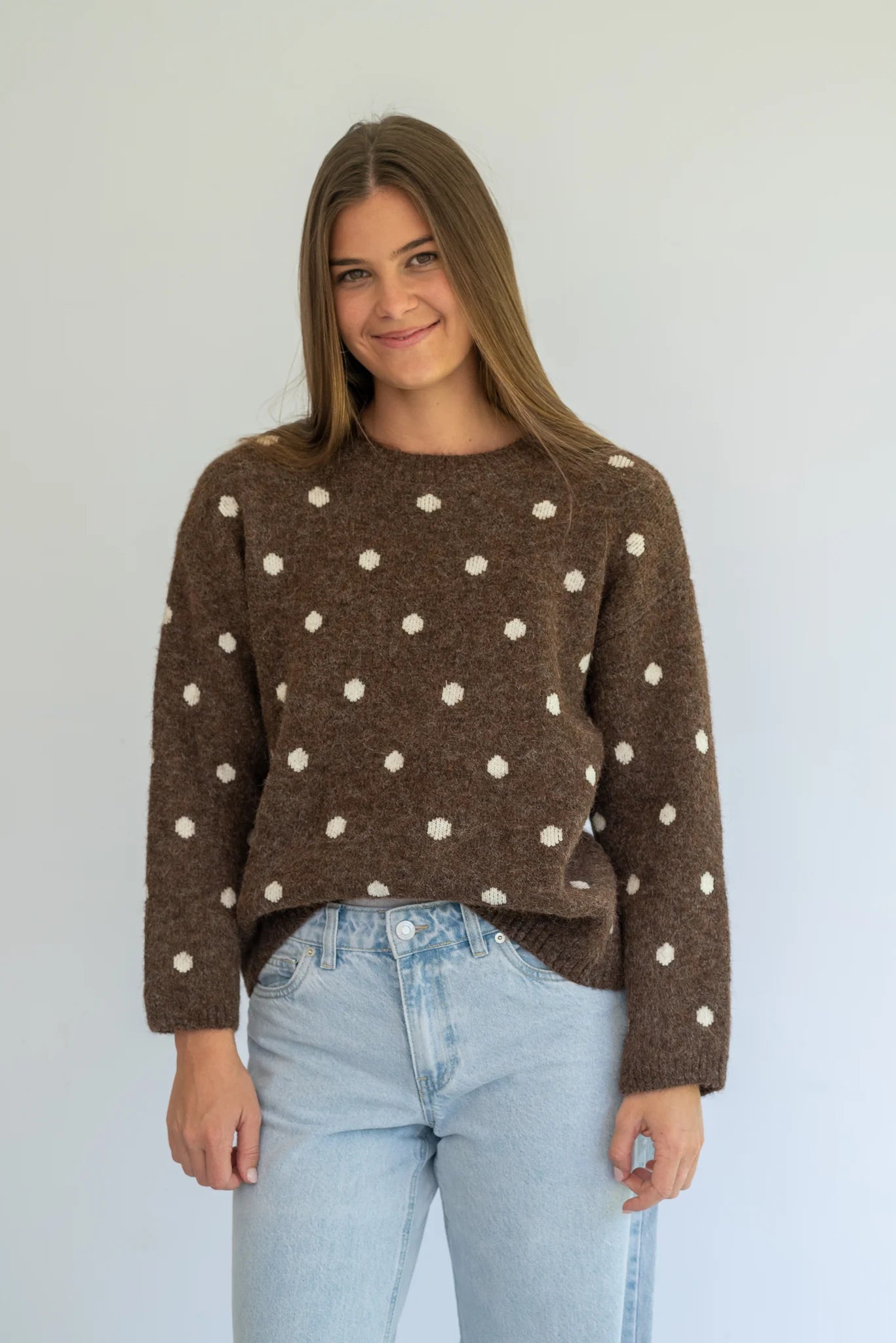 Polka Knit Jersey in Choc by Coco & Salt, showing the cozy knit fabric and stylish polka dot pattern.