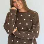 Polka Knit Jersey in Choc by Coco & Salt, displayed in a close-up image showcasing its textured knit fabric and pattern.