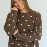 Polka Knit Jersey in Choc by Coco & Salt, displayed in a close-up image showcasing its textured knit fabric and pattern.