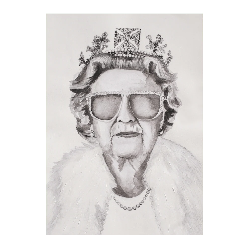Black and white Her Majesty print by Adele Schmitz on consignment, featuring regal portrait artwork with intricate details.