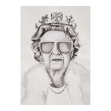 Black and white Her Majesty print by Adele Schmitz on consignment, featuring regal portrait artwork with intricate details.