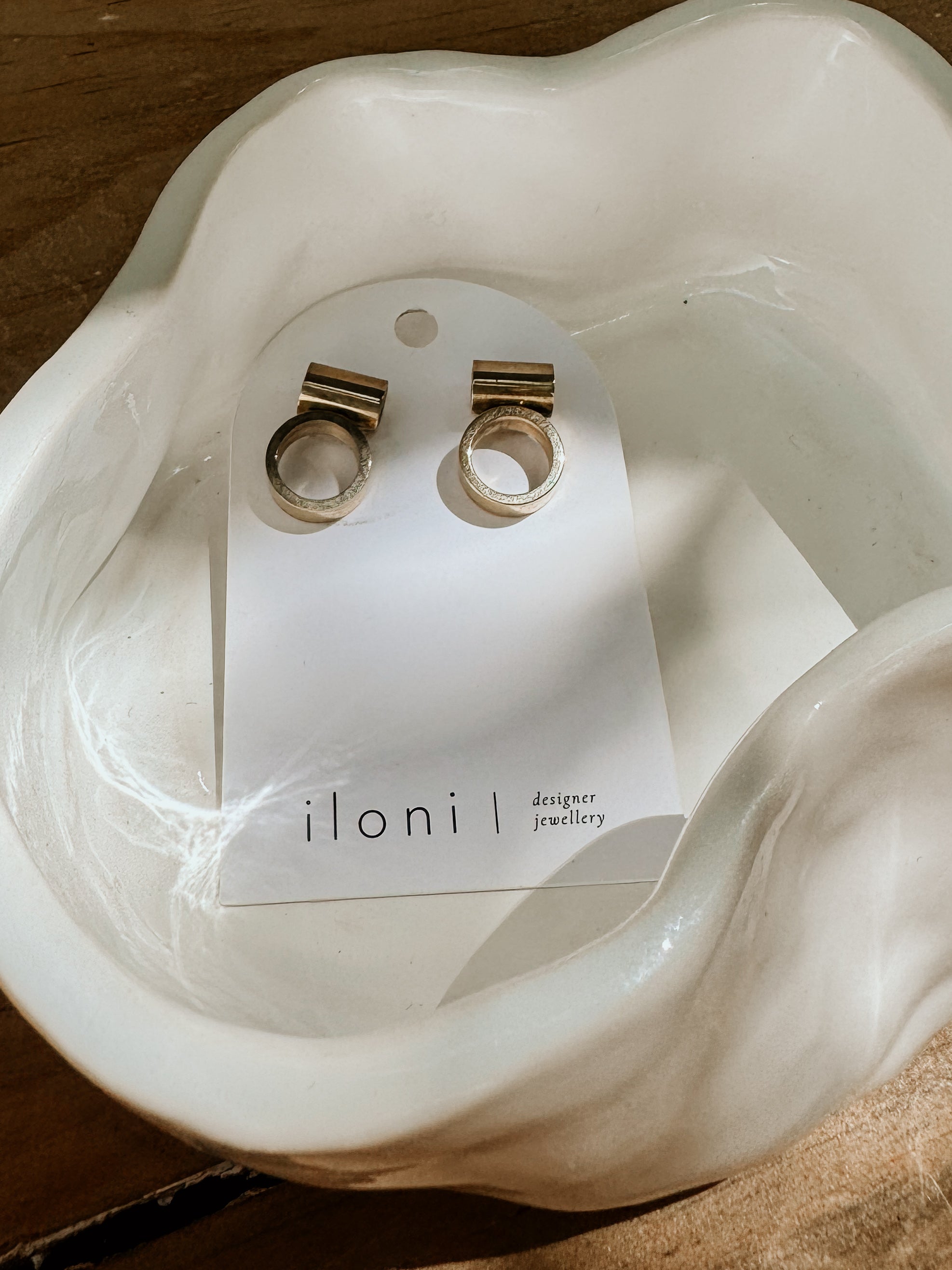 Iloni Designer Jewellery Horizon brass earrings with stone accents, showcasing elegant, handcrafted jewelry design.