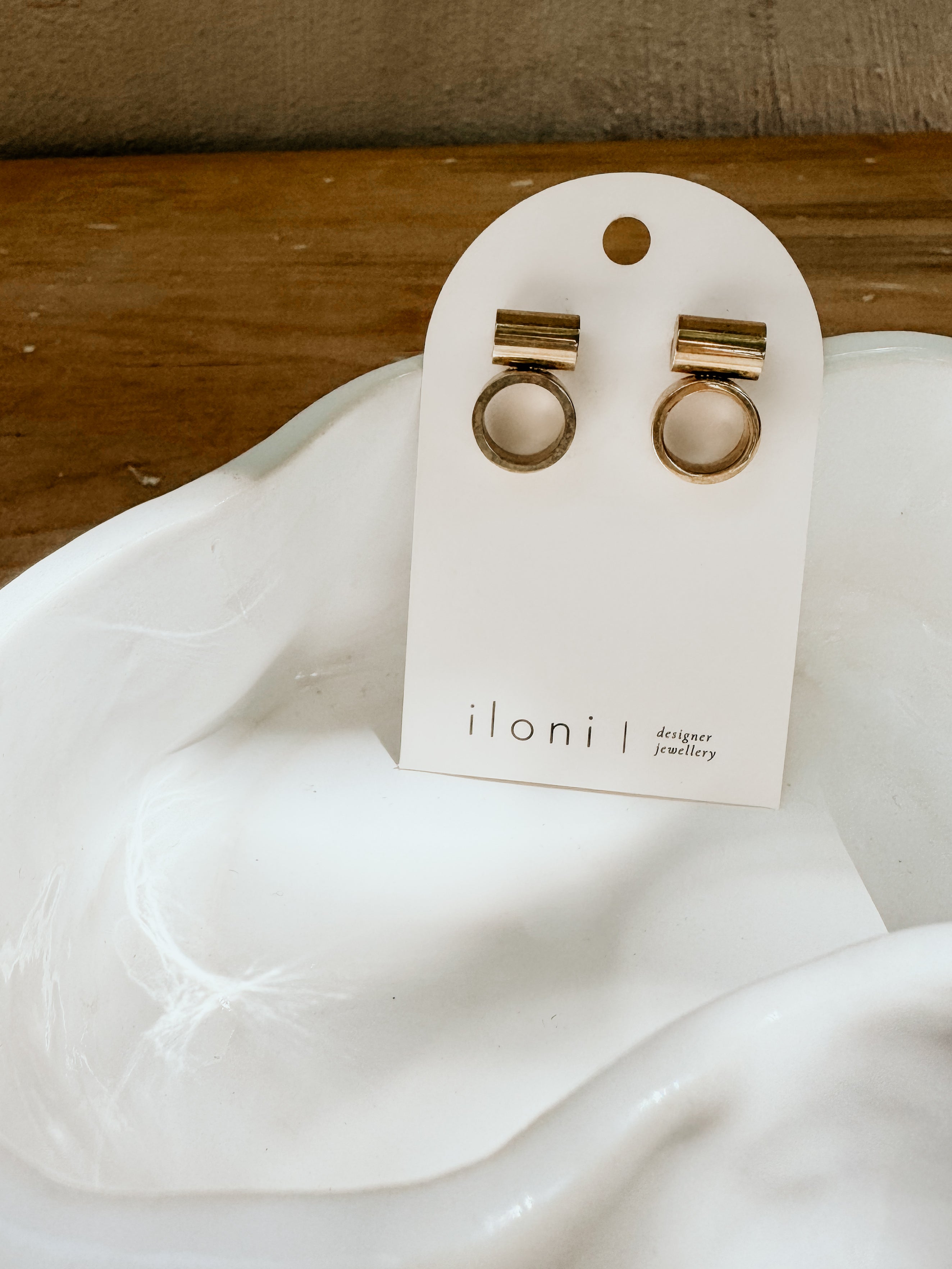 Iloni Designer Jewellery Horizon brass earrings with stone accents, showcasing elegant, handcrafted jewelry design.