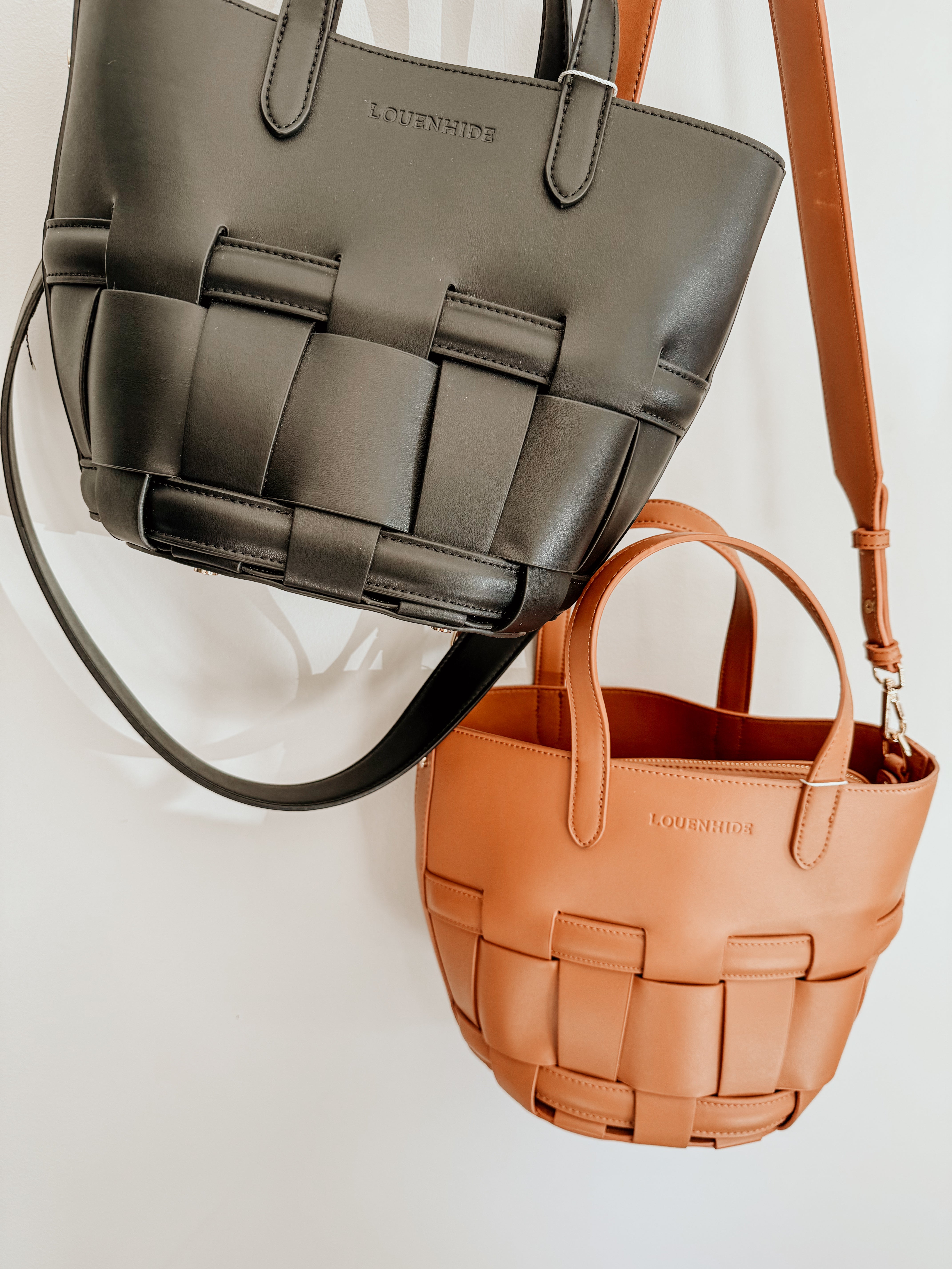 LouenHide Bettina Bucket Bag in tan leather with adjustable strap and spacious interior, stylish and perfect for everyday use.