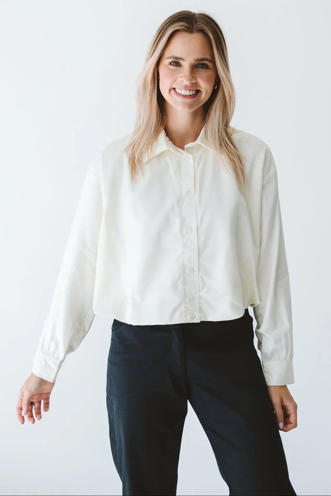 Trinity Butter Page Shirt made of soft cotton, long-sleeve collared shirt from Winter Collection 2026, in South Africa design.