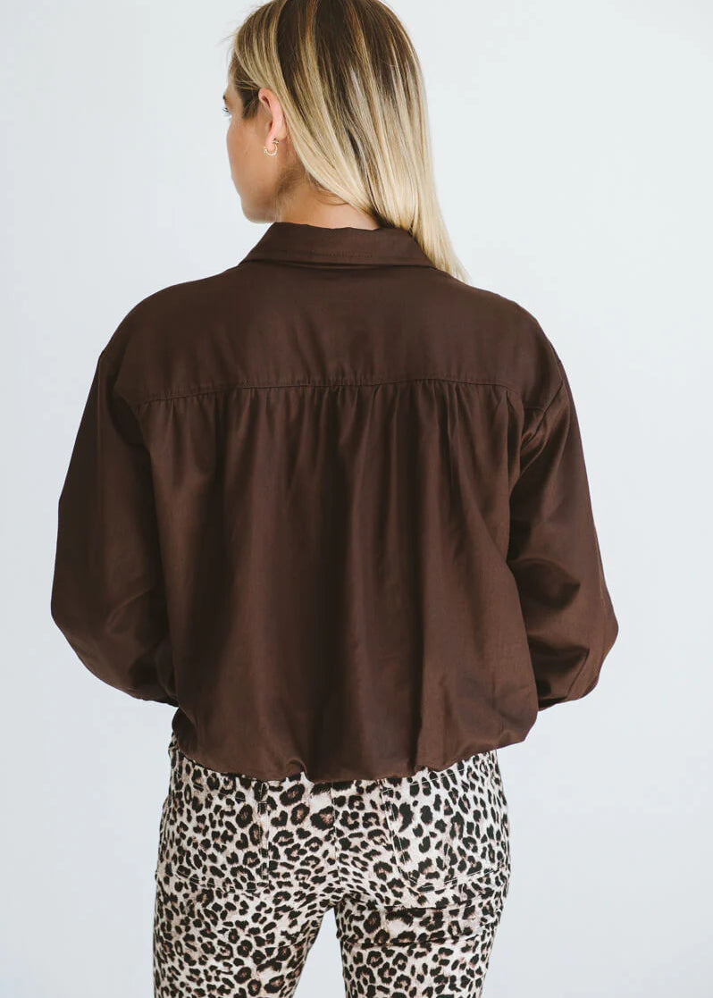 Trinity Page chocolate cotton long-sleeve collared shirt with pocket, from the Winter Collection 2026, made in South Africa.