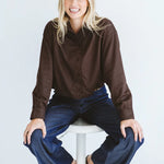 Trinity Page Shirt in chocolate cotton with long sleeves, collar, and front pocket, from the 2026 winter collection, made in South Africa.