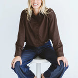 Trinity Page Shirt in chocolate cotton with long sleeves, collar, and front pocket, from the 2026 winter collection, made in South Africa.