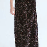 Close-up of Trinity chocolate sequins skirt from the Winter Collection, showcasing shiny, textured sequins on a stylish consignment piece.