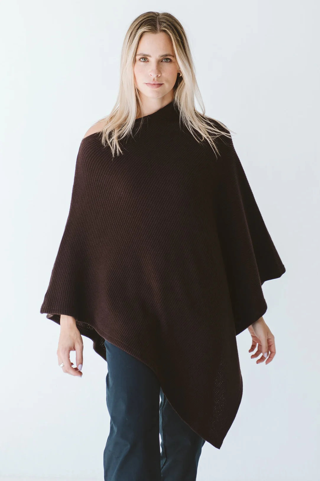 Trinity chocolate poncho, cozy and stylish outerwear, made in South Africa, perfect for cold weather and layered outfits.