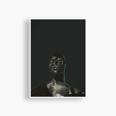 Adele Schmitz Adele Grace art print featuring Nandi with a dark background, displayed on a white wall.