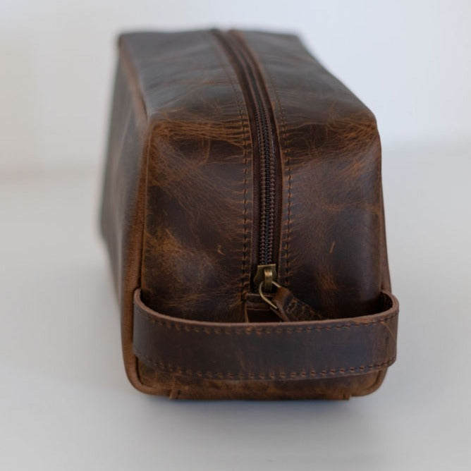 Distressed Leather Toiletry Bag | Brown - Shop Adele Catherine 