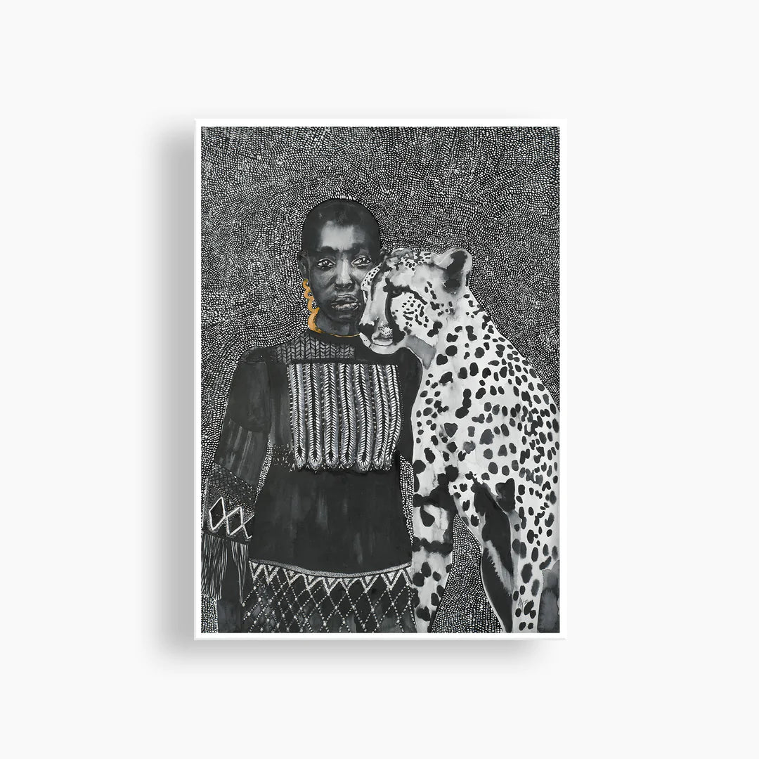 Gomelayo art print by Adele Schmitz in a gold frame, displayed on a white background, showcasing vibrant colors and intricate details.