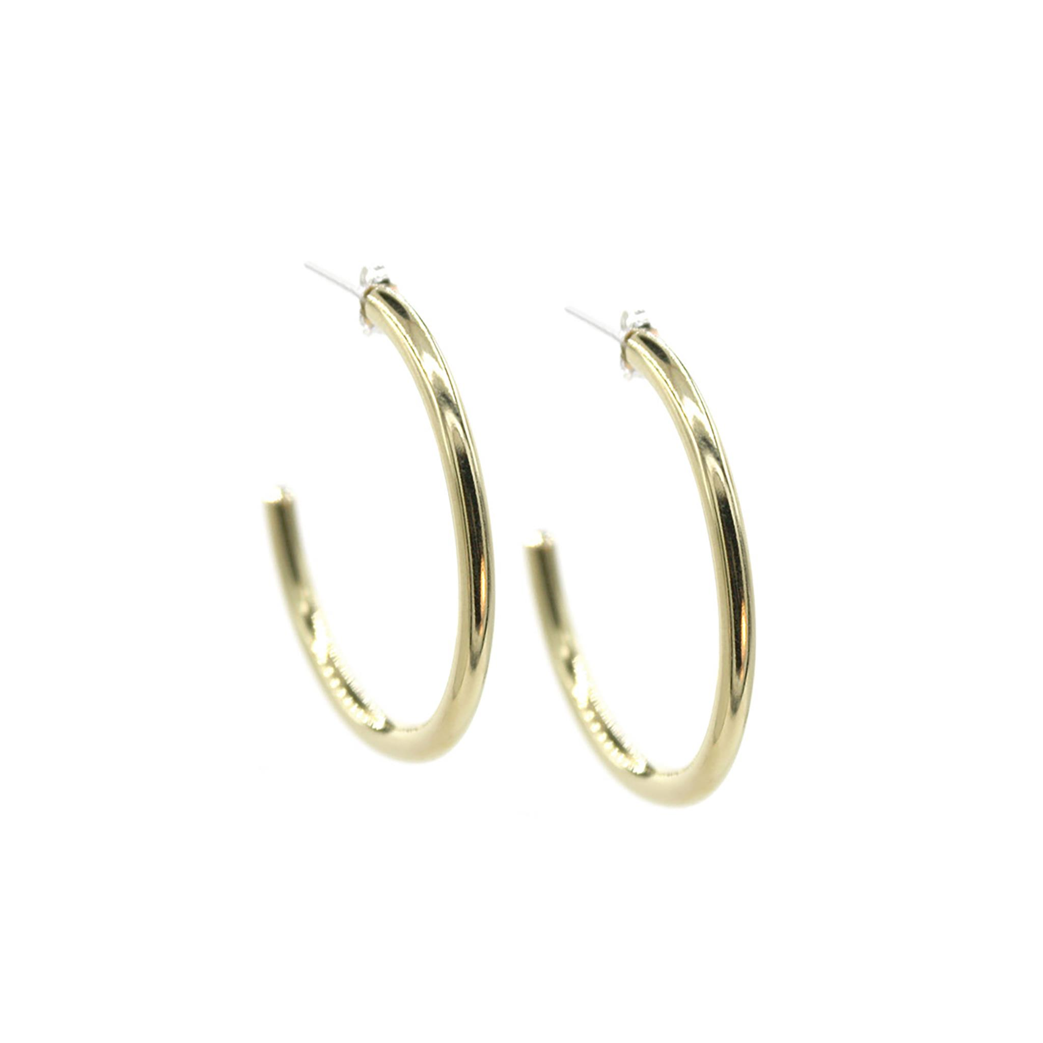 A pair of You Sunshine Stud Hoops earrings by A Bird Named Frank, featuring gold-tone hoops with sun-inspired design on a white background