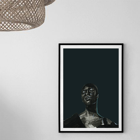 Adele Grace art print by Adele Schmitz featuring Nandi with a dark background, displayed on a wall.